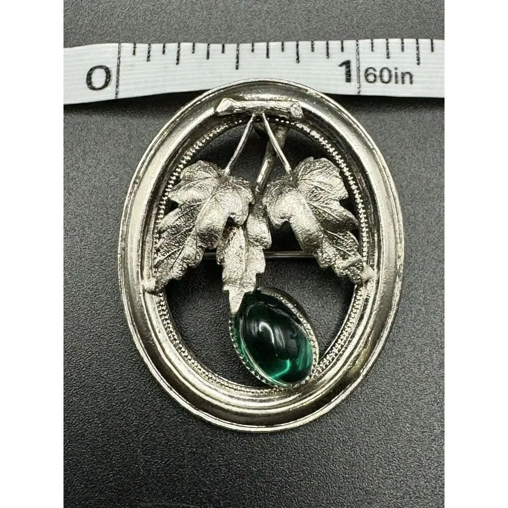 Vintage Silver Tone‎ Oval Leaf Brooch Green Glass Cabochon Pendant Jewelry